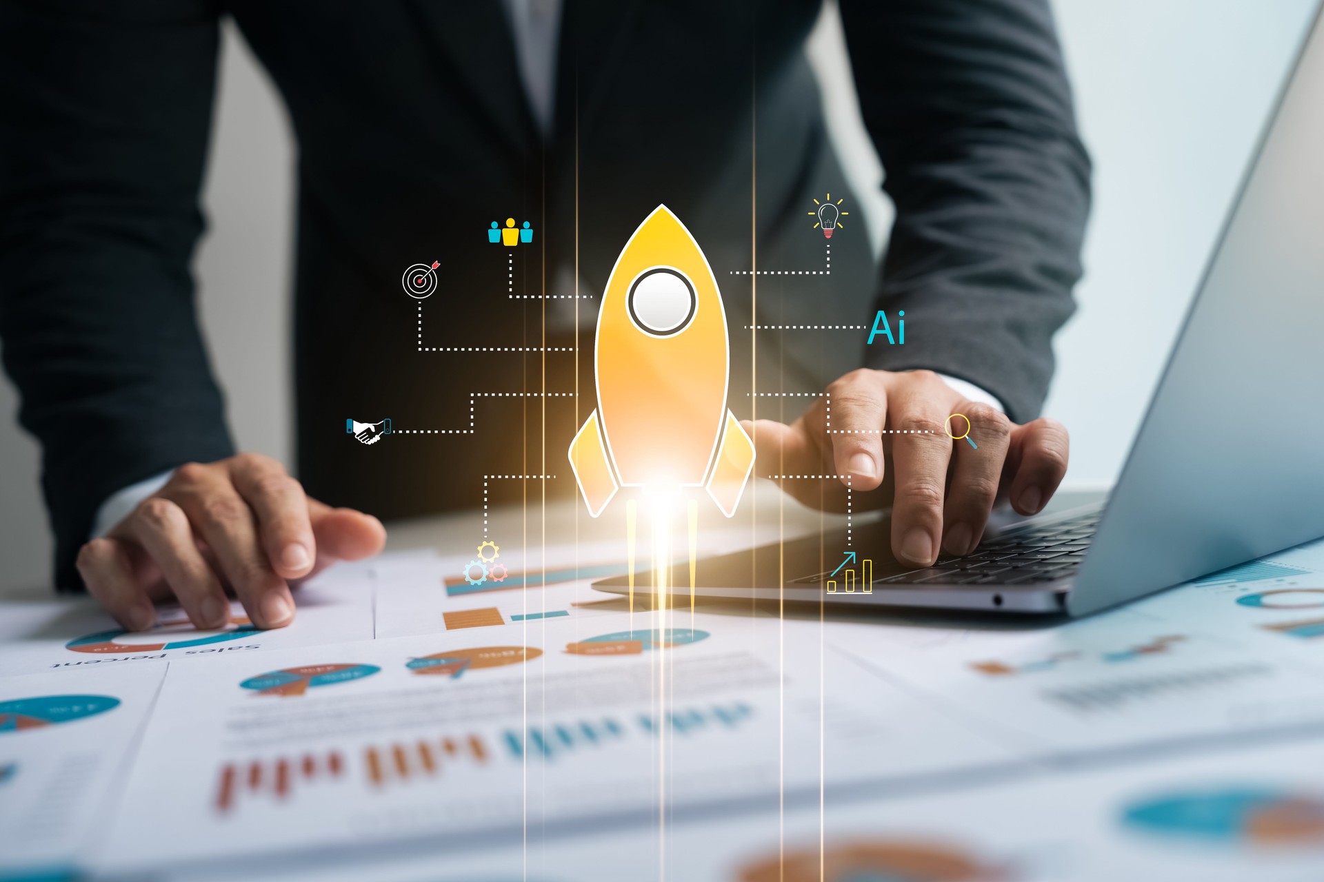 Business Startup, Rocket Launch, Businessman Working on Laptop, Business Growth, Finance Investment, Marketing Strategy, Increase Growth Opportunity, Success, Goals, Leadership, Target Customer Group.